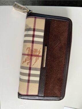 Authentic Burberry Plaid Zip Wallet with Suede and Leather Trim